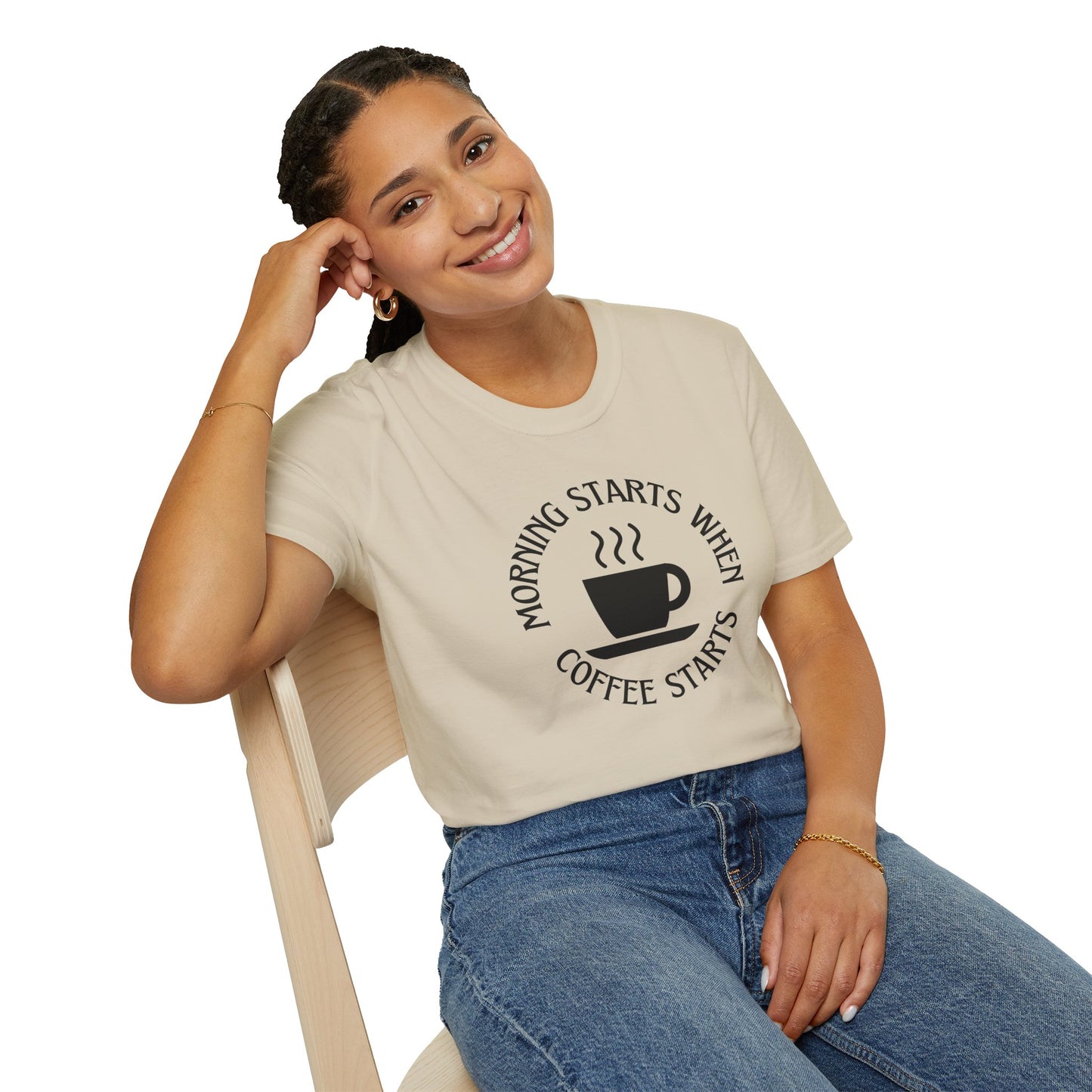 Coffee Lovers Unisex Softstyle T-Shirt - "Morning Starts When Coffee Starts"