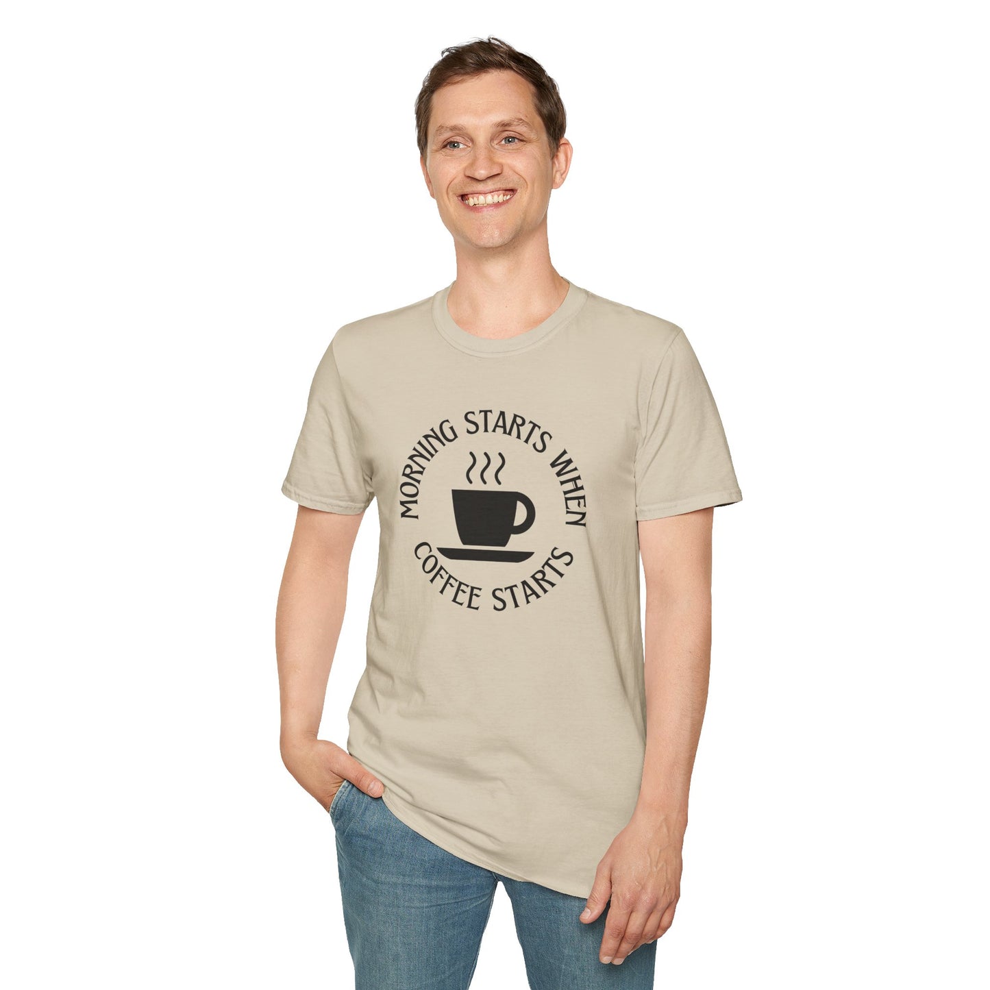Coffee Lovers Unisex Softstyle T-Shirt - "Morning Starts When Coffee Starts"