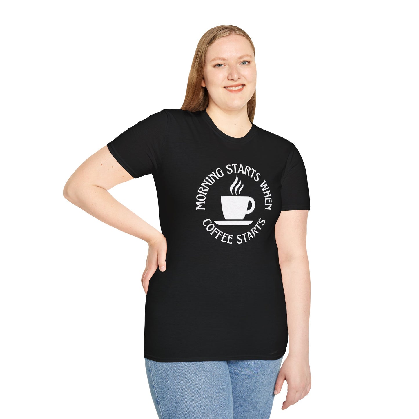 Coffee Lovers Unisex Softstyle T-Shirt - "Morning Starts When Coffee Starts"