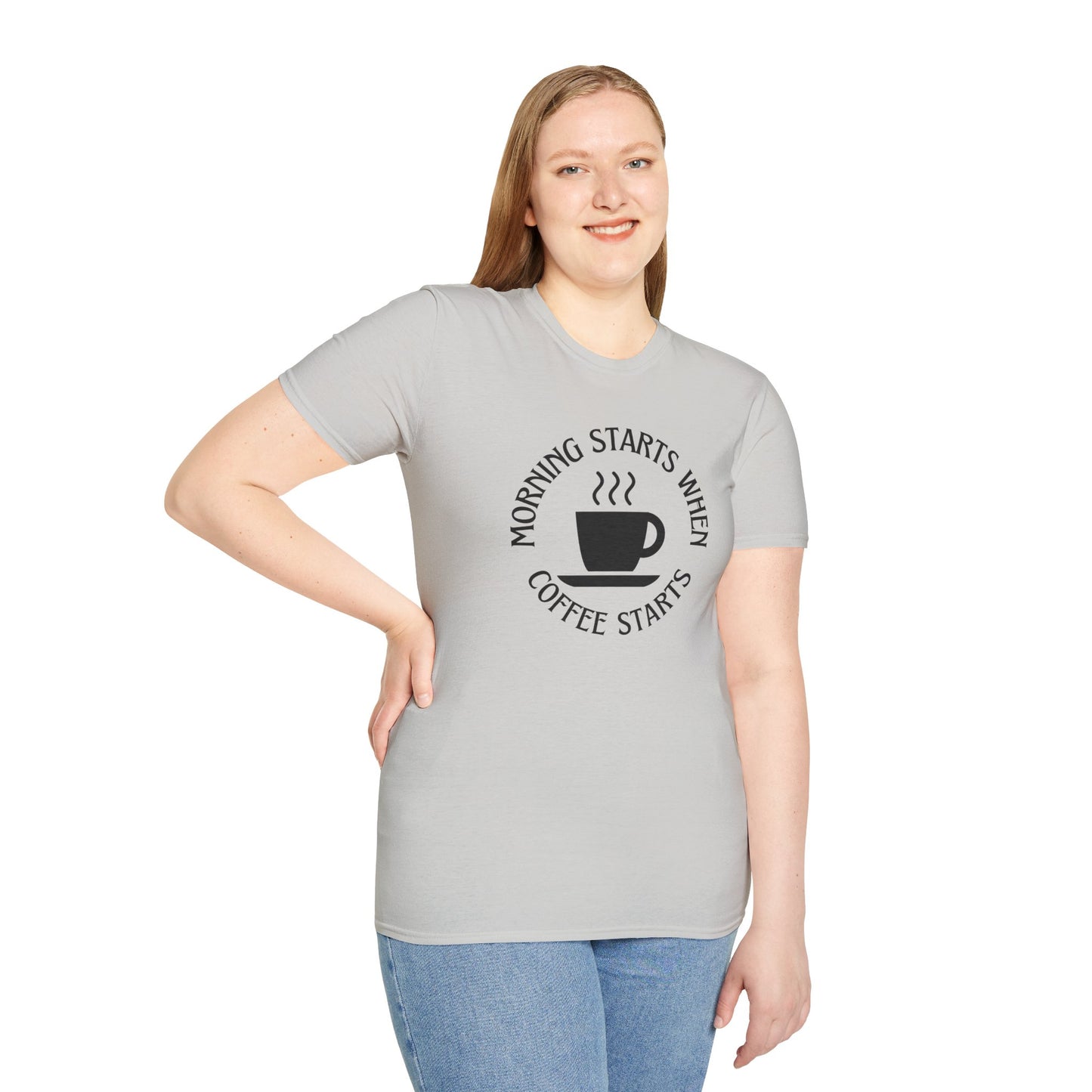 Coffee Lovers Unisex Softstyle T-Shirt - "Morning Starts When Coffee Starts"