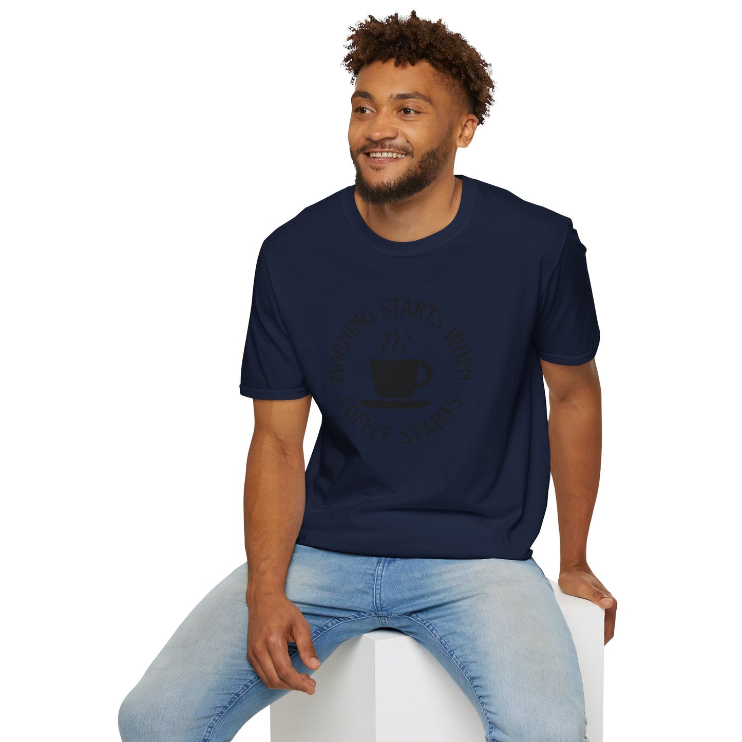 Coffee Lovers Unisex Softstyle T-Shirt - "Morning Starts When Coffee Starts"