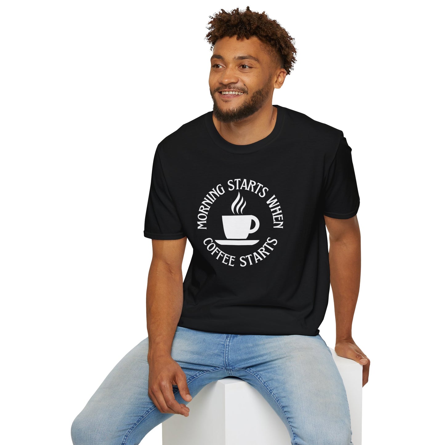 Coffee Lovers Unisex Softstyle T-Shirt - "Morning Starts When Coffee Starts"
