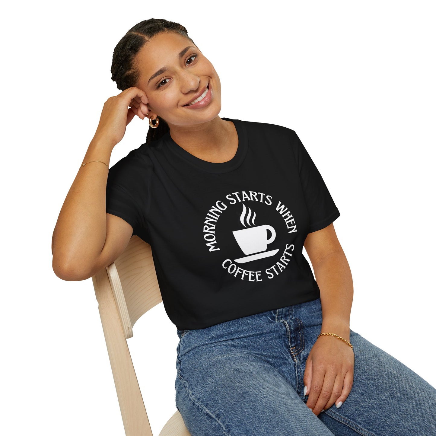 Coffee Lovers Unisex Softstyle T-Shirt - "Morning Starts When Coffee Starts"