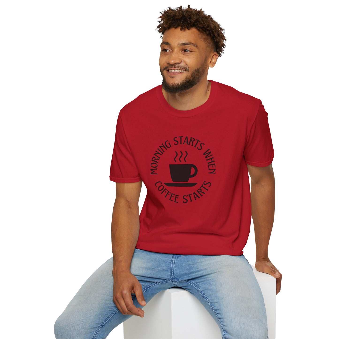 Coffee Lovers Unisex Softstyle T-Shirt - "Morning Starts When Coffee Starts"